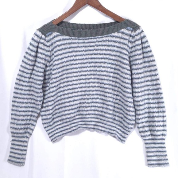 Nine West Sweaters - Nine West Striped Cropped Sweater Women's XL Puff Sleeve Pullover Knit Gray Blue